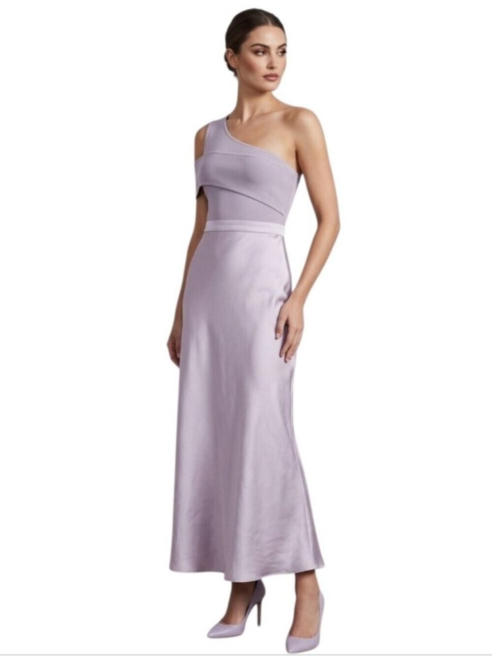 NWT Ted Baker Ivena Lilac Asymmetric knit bodice Satin Silk Dress